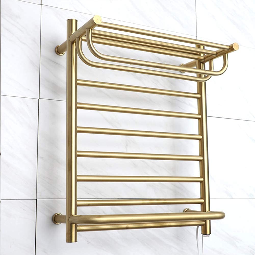 APUM Electric Heated Towel Rack - 80W Wall Mounted Bathroom Towel Warmer with 13-Hour Timer, Polished Stainless Steel (Gold Plug-in) - Perfect for Spa-Like Luxury & Cozy Bathroom Experience