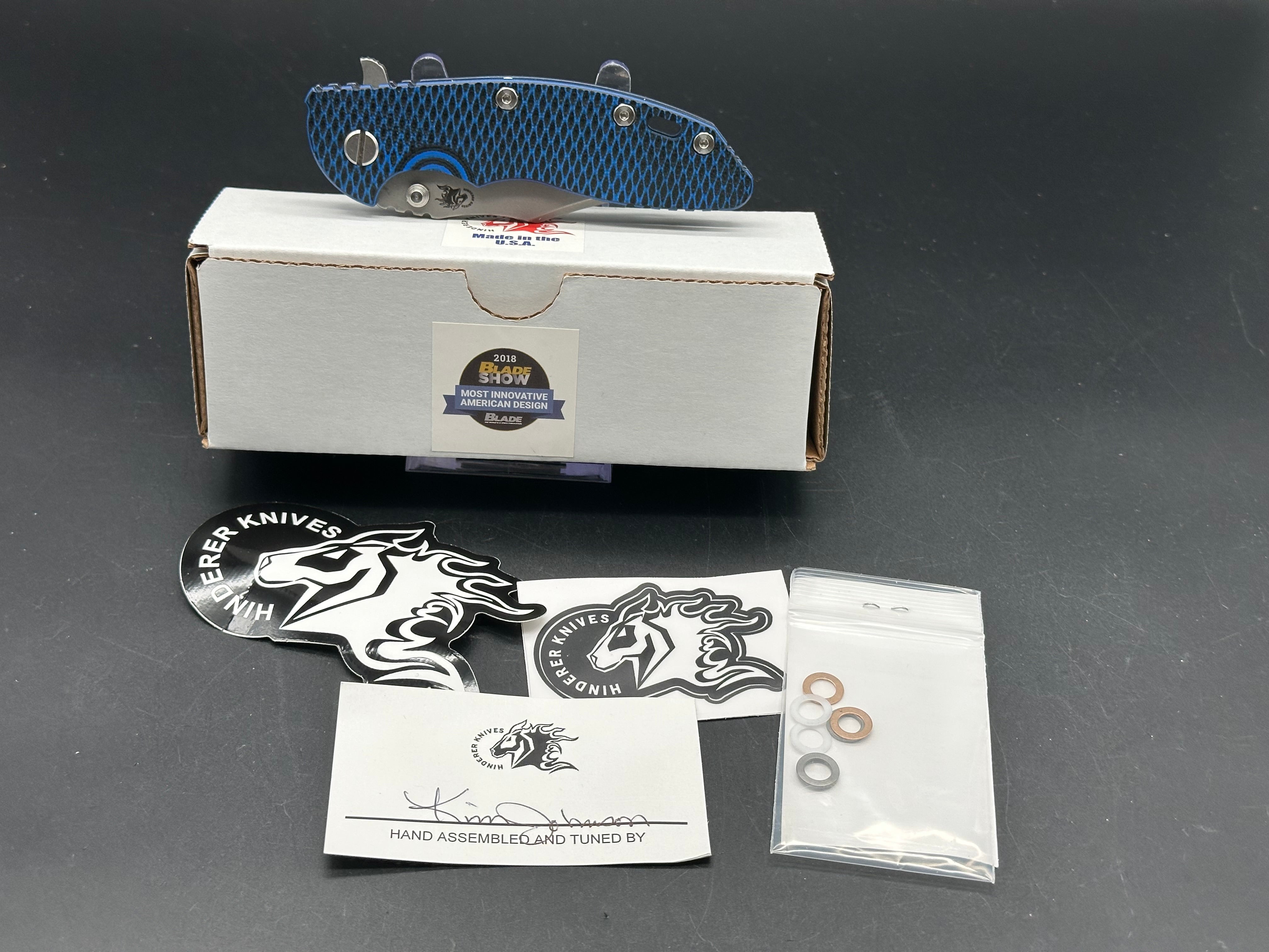 Hinder XM-18 Bowie Flipper Knife - Working Finish Battle Blue Titanium Blade - EDC, Outdoor Camping & Survival Gear