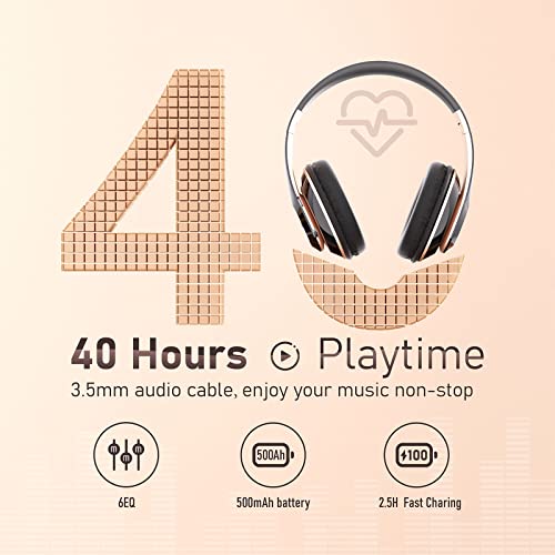 Premium Bluetooth Over-Ear Headphones with 6 EQ Modes, 40H Playtime & HiFi Stereo – Wireless/Wired Foldable Headset with Mic, FM/TF for Phone/PC/Work (Black & Gold) – Perfect for Gaming, Travel & Office Use