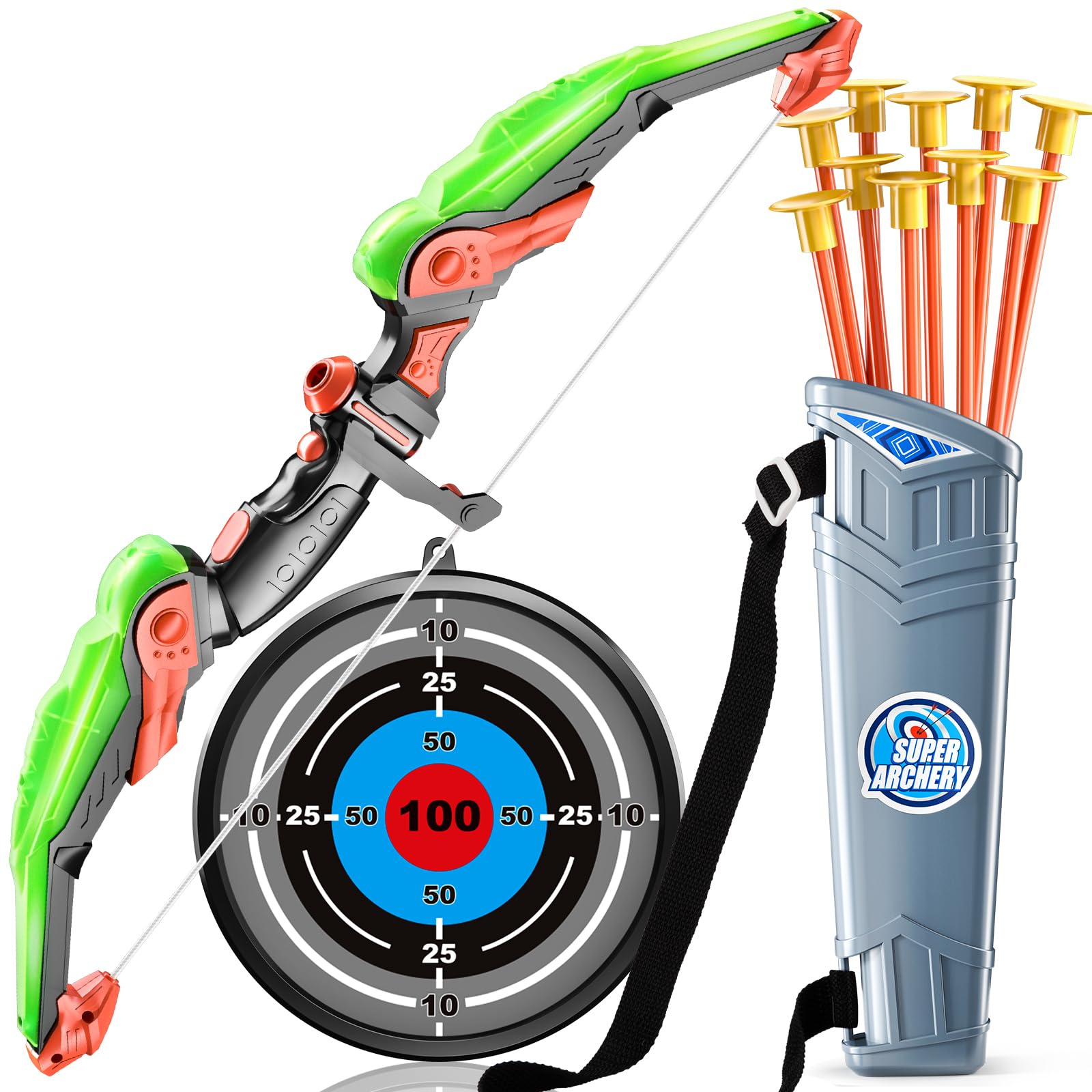LED Light Up Bow and Arrow Set for Kids - 10 Suction Cup Arrows with Target & Quiver - Safe Archery Toy for Boys & Girls - Indoor Outdoor Play, Birthday Gift, Backyard Games & Camping Activities