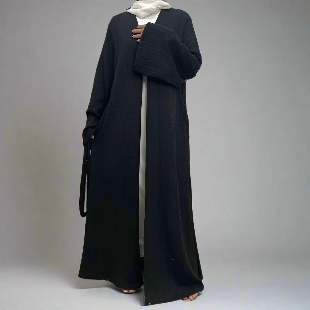Muslim Women's Winter Wool Open Abaya Dress with Pockets - Elegant Long Dress for Prayer, Mosque & Special Occasions