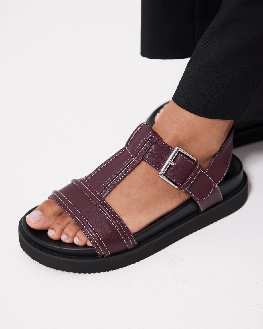 Visby T Bar Sandal - Women's Comfortable Leather Sandals with Cherry & Milk Topstitch Design | Perfect for Summer, Beach, and Casual Outings