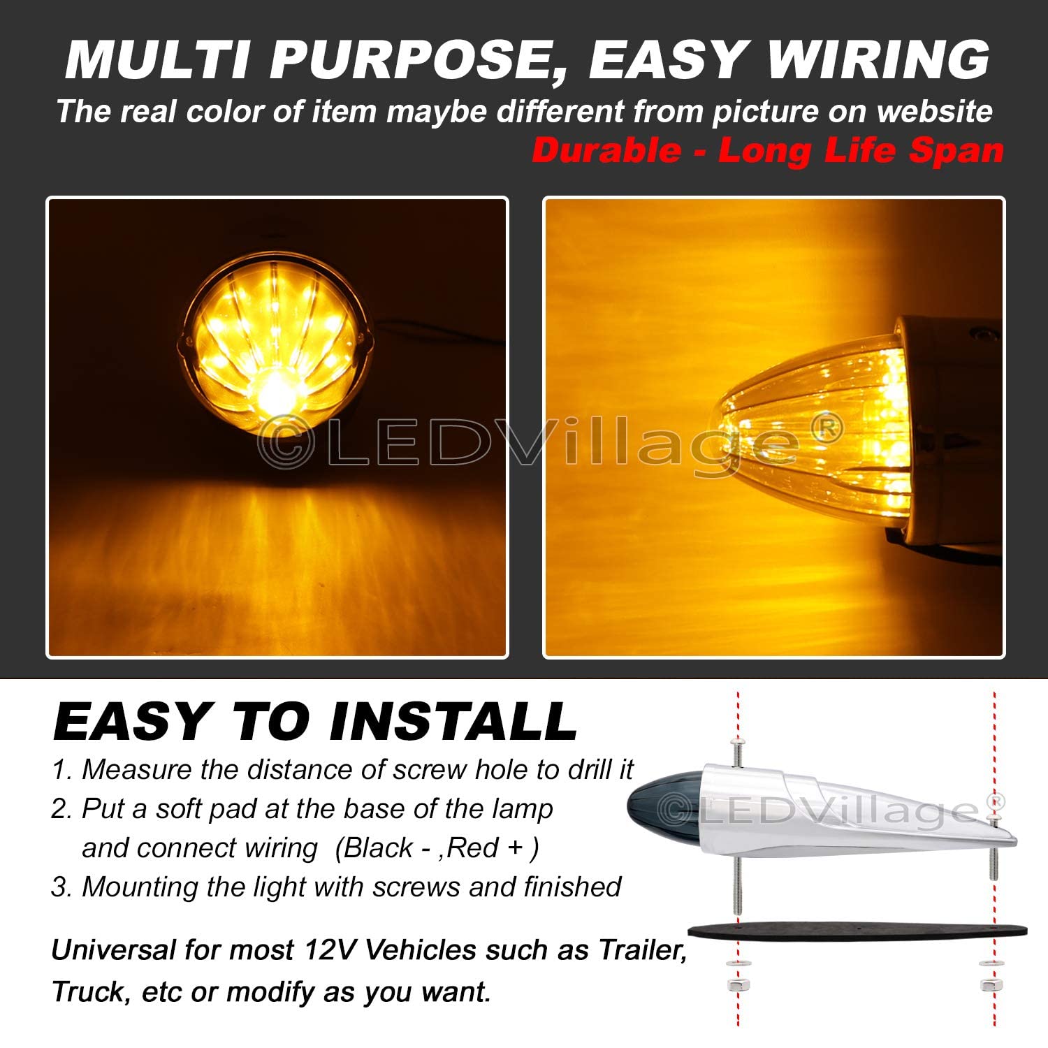 7X Smoked Lens Amber LED Cab Marker Roof Light with Chrome Base - Universal Fit for Pickup Trucks, Trailers & Mack Vehicles - 12V DC Waterproof Clearance Lamps (Great for Night Driving, Off-Roading & Heavy-Duty Trucking)