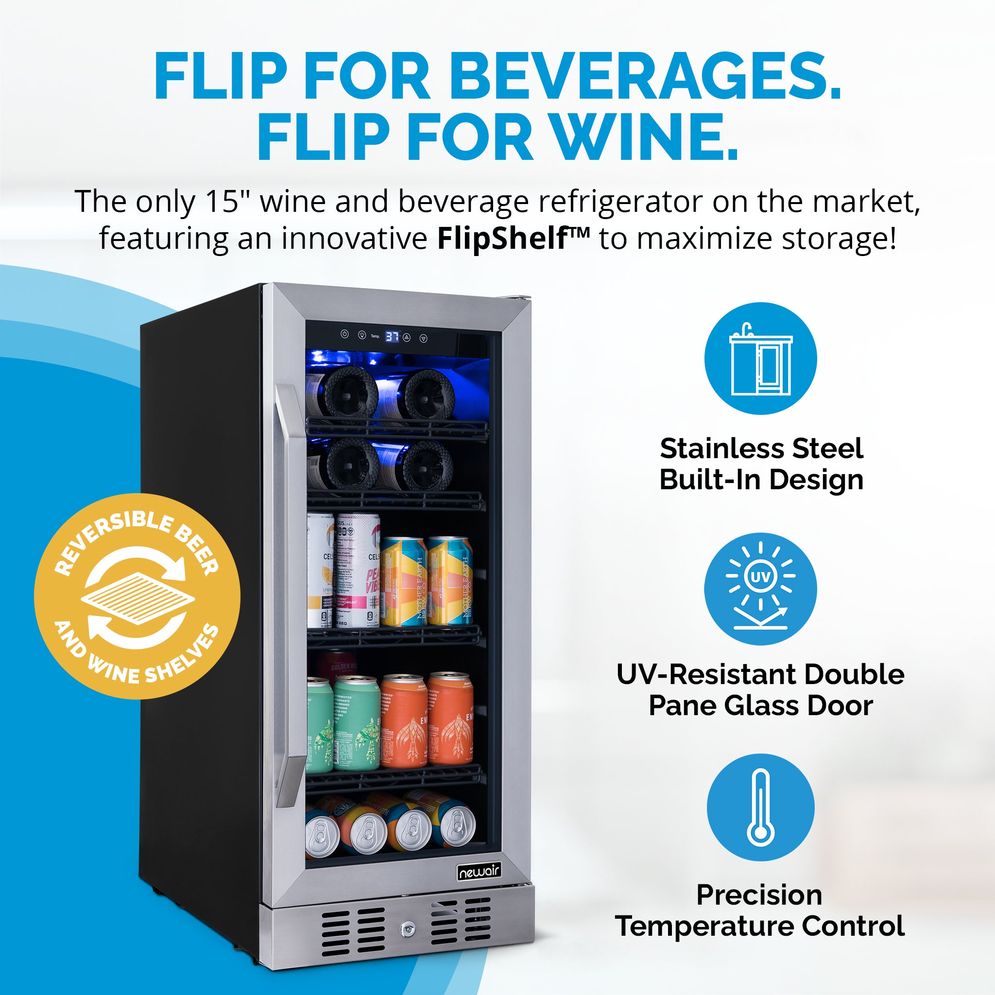Newair® 80 Can 33 Bottle Stainless Steel Beverage Refrigerator - Built-In Cooler for Beer, Wine & Soda - Perfect for Home Bar, Office & Man Cave