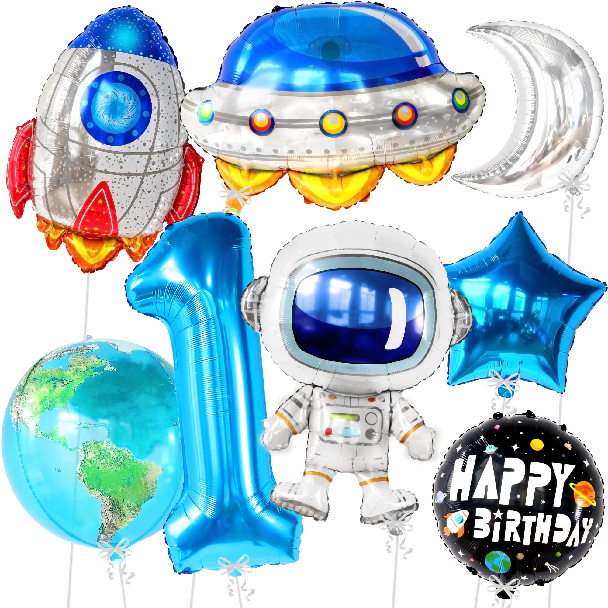 KatchOn 40 Inch Big Space Balloons First Birthday Set - Pack of 8 | Number 1 Balloon Decor for First Trip Around The Sun Theme | Blue Galaxy Party Decorations for Baby's 1st Birthday, Space-Themed Celebrations & Milestone Photos