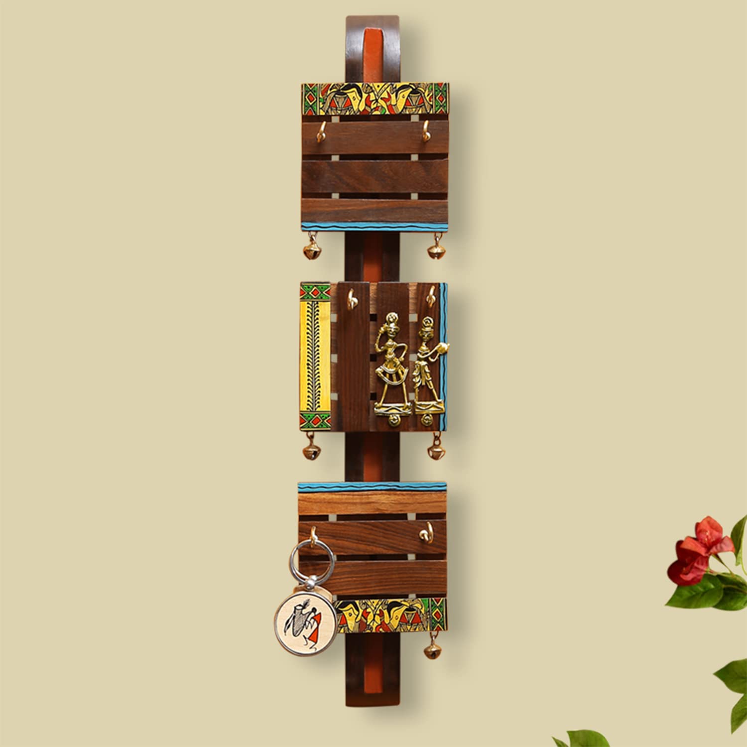 Handcrafted Madhubani Wooden Key Holder - 6 Hooks Wall Mount Key Hanger for Home Décor (Teak & Sheesham Wood) | Unique Indian Folk Art Key Organizer for Entryway, Living Room & Office - Perfect Housewarming Gift