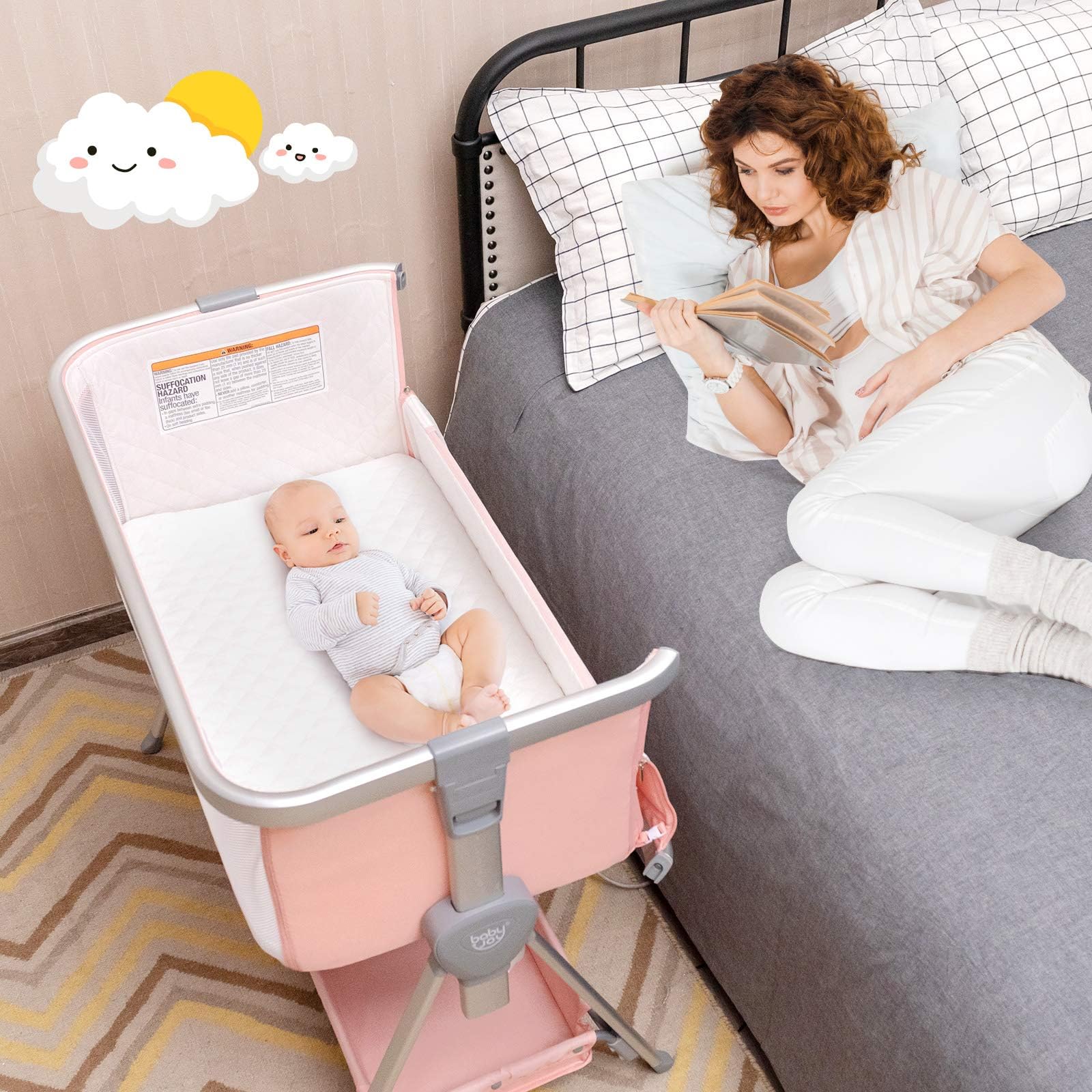 **BABY JOY Portable Bedside Bassinet for Newborns - Adjustable Height, Breathable Mesh, Wheels & Storage - Baby Crib with Mattress for Nursery, Travel & Home Use - Pink**