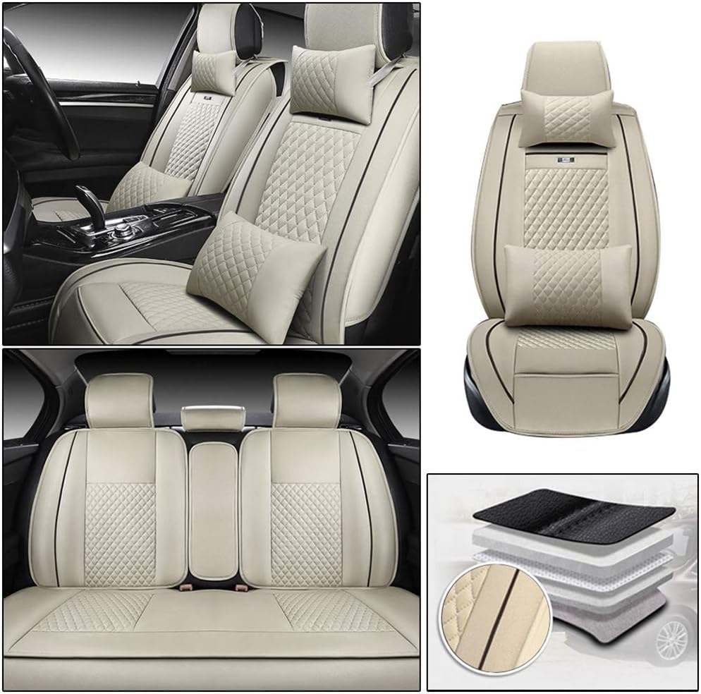 Surekit PU Leather Car Seat Cover for Jaguar X-Type - 5-Seat Full Set with Comfort Cushion | Beige Needlework Seat Pad Protector | Perfect for Road Trips, Daily Commutes & Car Interior Protection