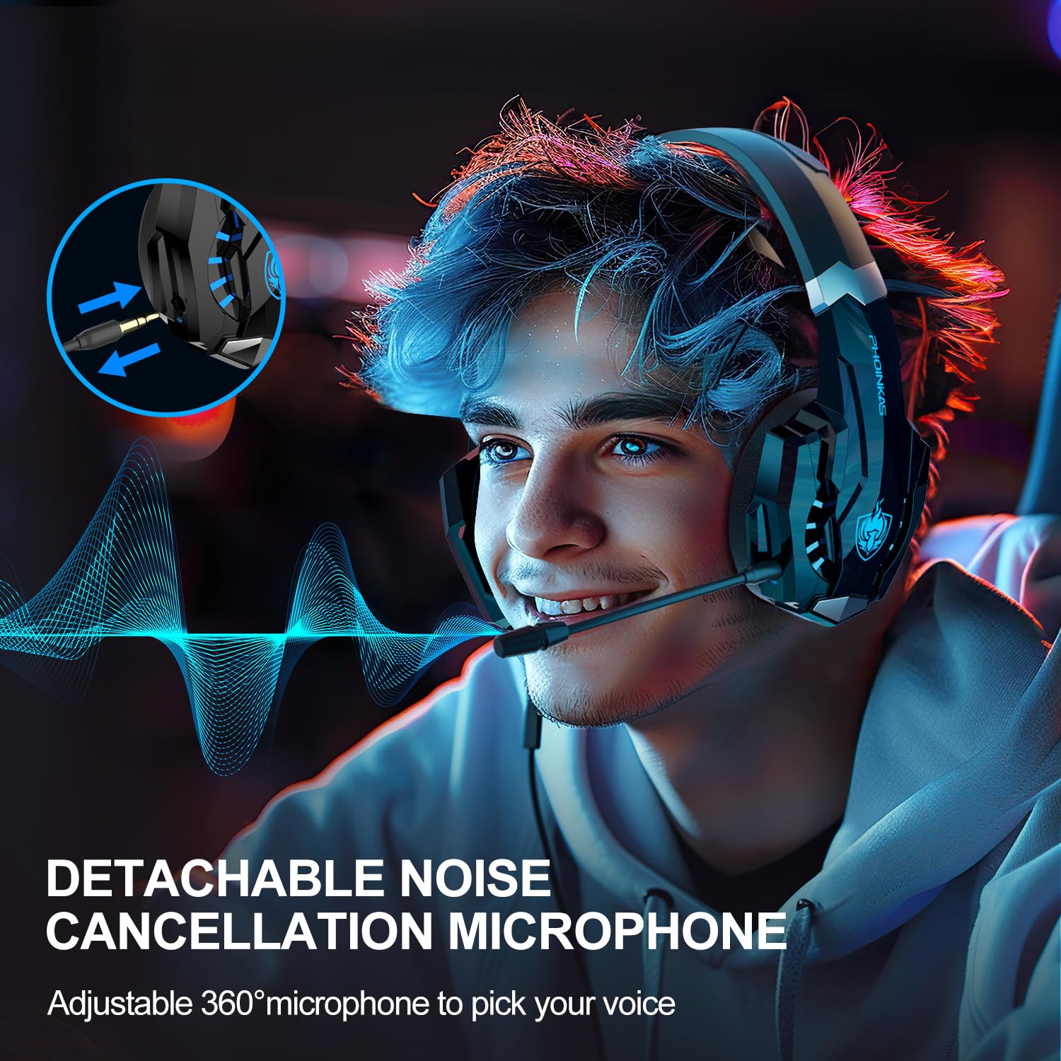 PHOINIKAS 2.4GHz Wireless Gaming Headset for PS5, PS4, PC, Nintendo Switch - Over Ear Headphones with Noise Cancelling Mic, 7.1 Surround Sound, 40+ Hour Battery Life (Blue) - Perfect for Competitive Gaming & Late Night Sessions