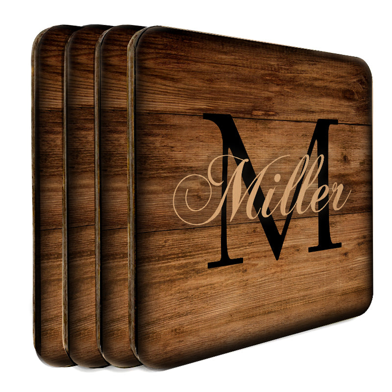 Personalized Monogram Wooden Square Coasters - Set of 4 - Custom Engraved Drink Coasters for Home, Bar, Office & Wedding Gifts