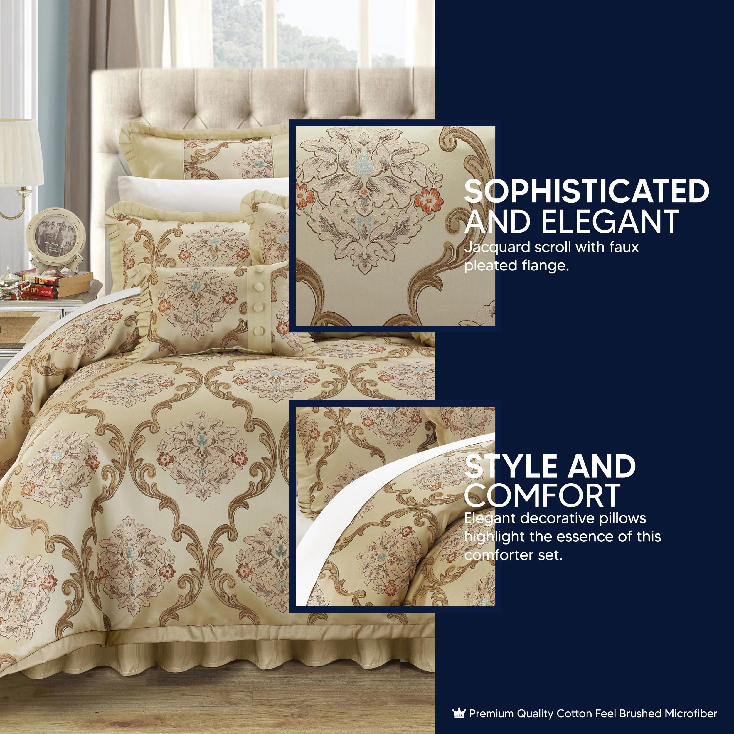 Chic Home Aubrey King Size Comforter Set with Bed Skirt, Shams & 3 Decorative Pillows - Hypoallergenic Jacquard Bedding in Beige | Perfect for Master Bedroom, Guest Room & Luxury Hotel Decor