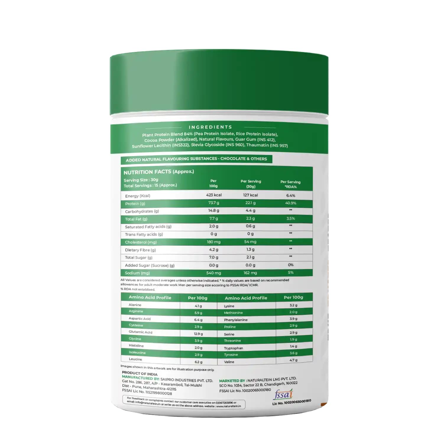 NATURALTEIN Vegan Plant-Based Protein Powder (Rice & Pea) - Chocolate Flavor - 500g with 21g Protein | Gluten Free, Dairy Free, Non-GMO | Perfect for Post-Workout Recovery & Healthy Smoothies