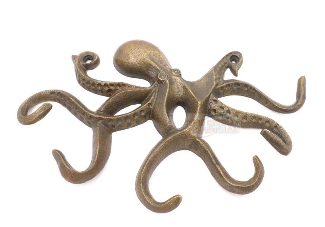 Octopus Key Holder Wall Hook - Decorative Nautical Wall Mounted Rack for Keys, Coats & Towels - Antique Brass Cast Aluminum Hanger - Perfect for Bedroom, Bathroom, Kitchen & Balcony Organization