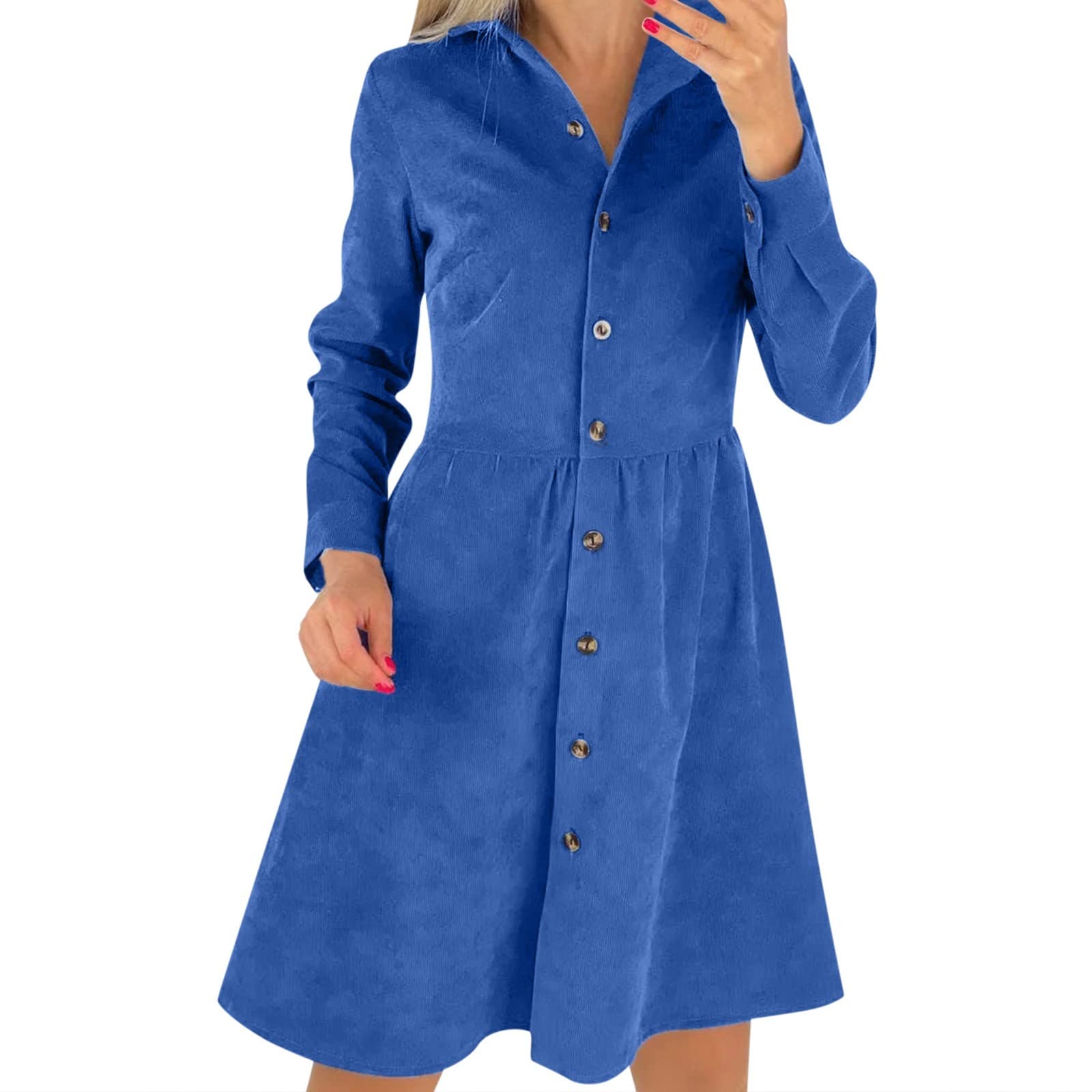 Elegant Women's Long Sleeve Corduroy Shirt Dress - Single Breasted Solid Formal Maternity Dress for Office, Wedding & Special Occasions