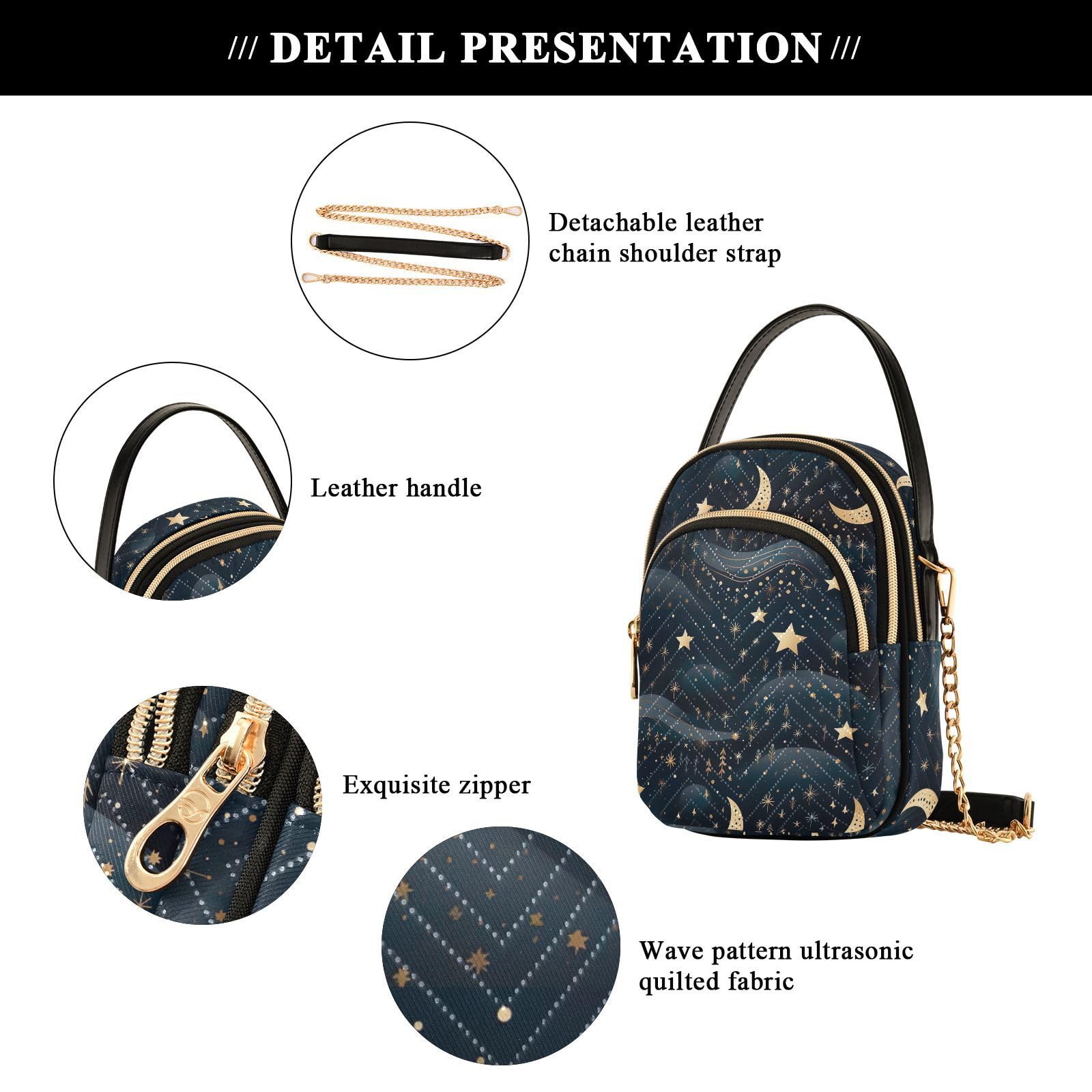 Women's Stars & Moon Crossbody Bag - Detachable Strap Purse for Travel & Daily Use
