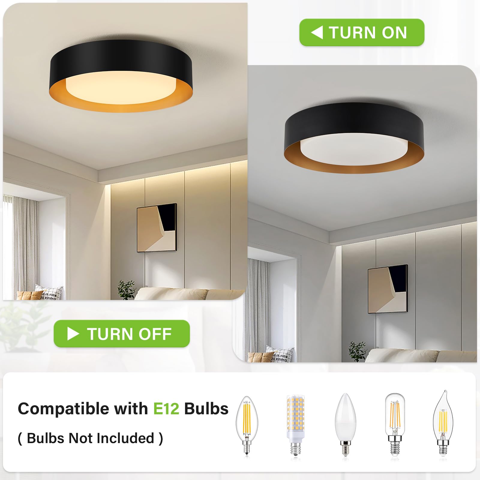 Modern Black & Gold Flush Mount Ceiling Light Fixture - 16.5