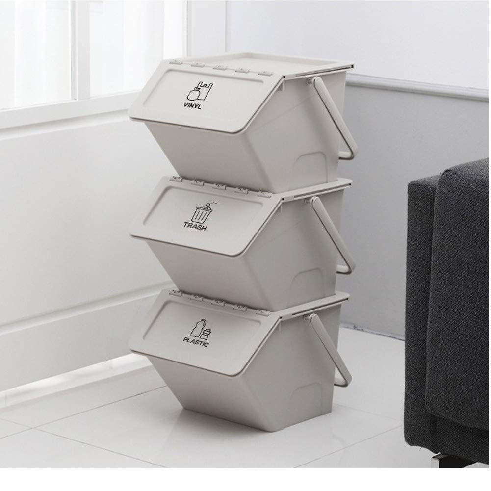 3 Pack Stackable Recycling Bins with Lids & Handles - Beige Organizer Containers for Trash, Toys & Tools - Includes Recycle Stickers - Perfect for Home, Office & Classroom Organization