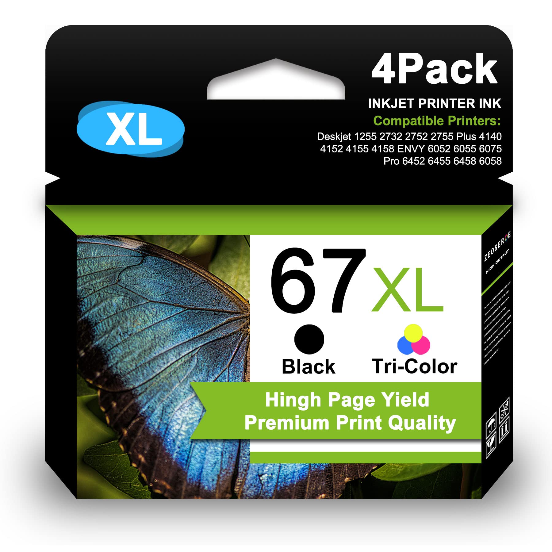 ZEOSEROE Remanufactured Ink Cartridges 67XL 4-Pack (3 Black + 1 Tri-Color) - Compatible with HP 3YM57AN & 3YM55AN - Replacement for HP Deskjet 1255 2755 Plus 4140 4158 Envy 6052 6055 Pro 6452 6458 Printers - Perfect for Home Office Printing & School Projects