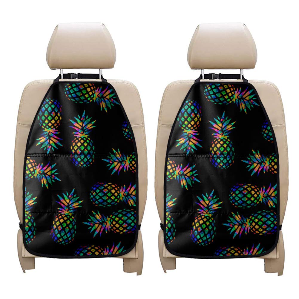 Kids Car Backseat Organizer - 2 Pcs Travel Kick Mats with Storage Pockets & Phone Holder, Tropical Pineapples Design for Road Trips