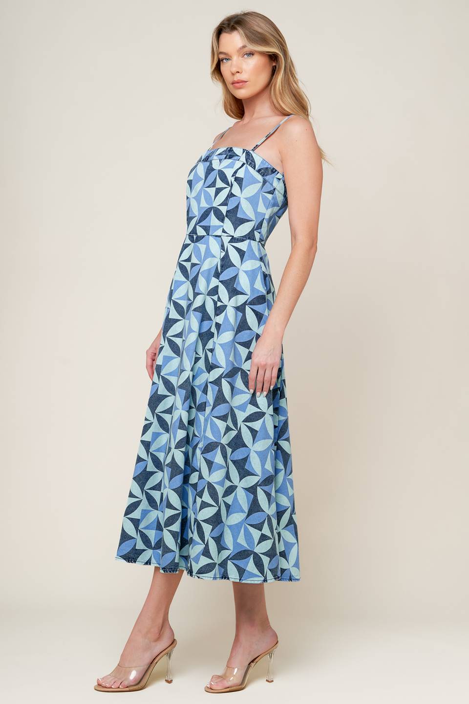 GWENNY Geometric Blue Denim Midi Dress - Stylish Casual & Party Wear for Women | Perfect for Office, Date Night & Summer Outings