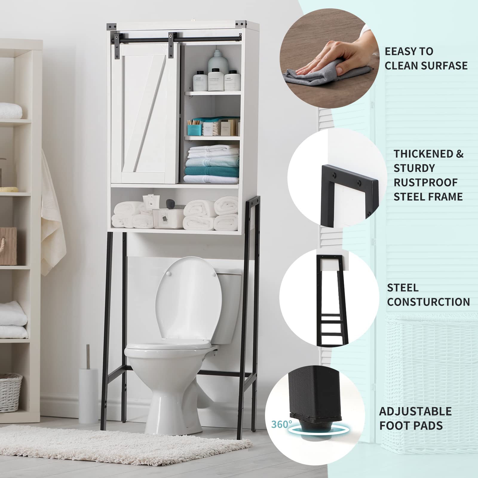 Over The Toilet Storage Cabinet with Adjustable Shelf & Sliding Door - White Bathroom Organizer for Small Spaces | Above Toilet Storage Solution for Towels, Toiletries & Bathroom Essentials