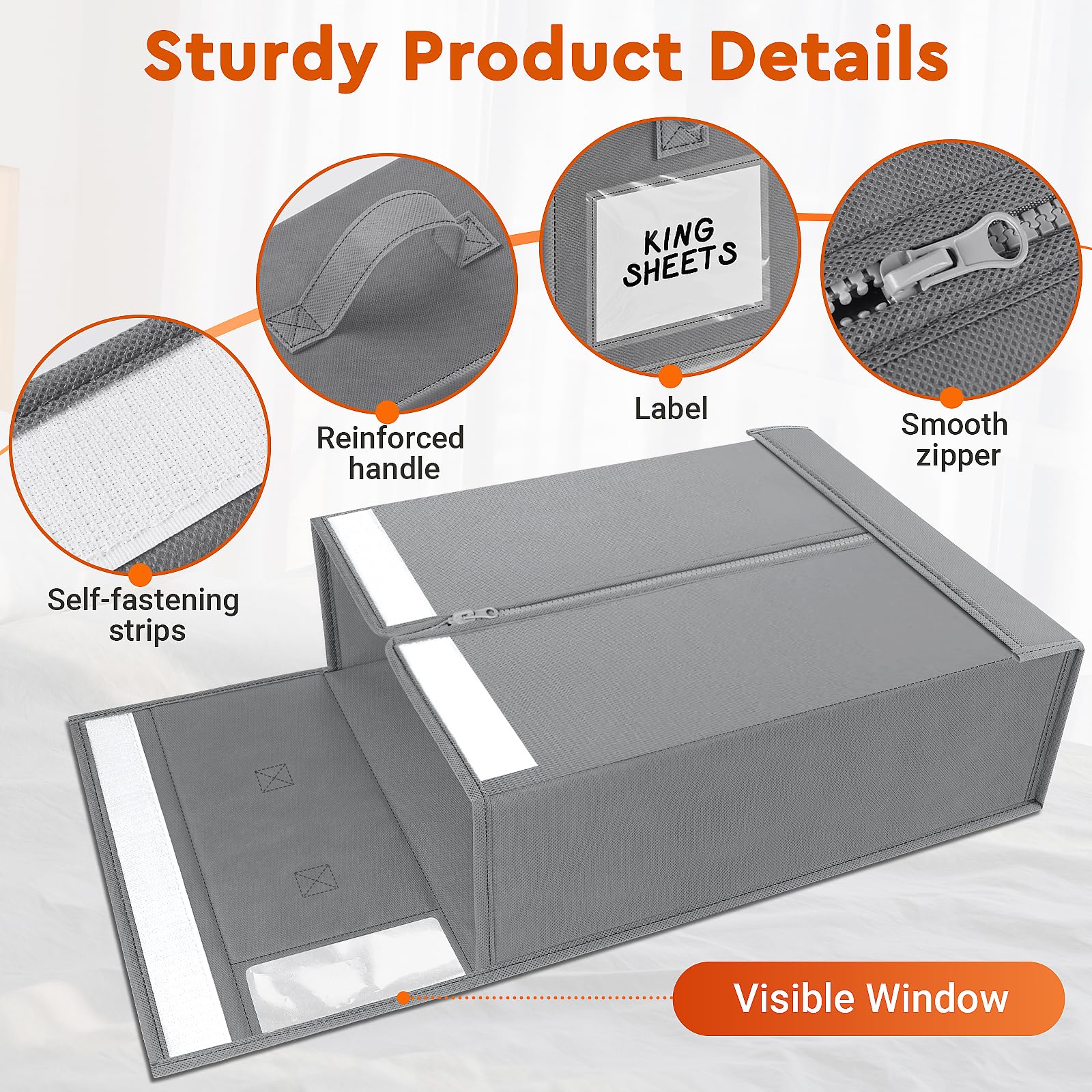 4 Pack Foldable Closet Organizers with Window & Label - Sturdy Storage Containers for Bedding, Sheets, Duvet Covers & Blankets (Grey) - Perfect for Closet, Wardrobe & Home Organization