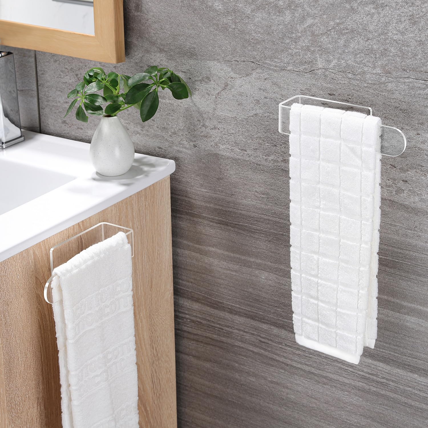 Taozun Clear Adhesive Towel Holder - No Drill Bathroom & Kitchen Wall Mount Towel Rack, 2-Pack Acrylic Towel Bar for Hand/Tea Towels - Perfect for Small Spaces, Apartments, RVs