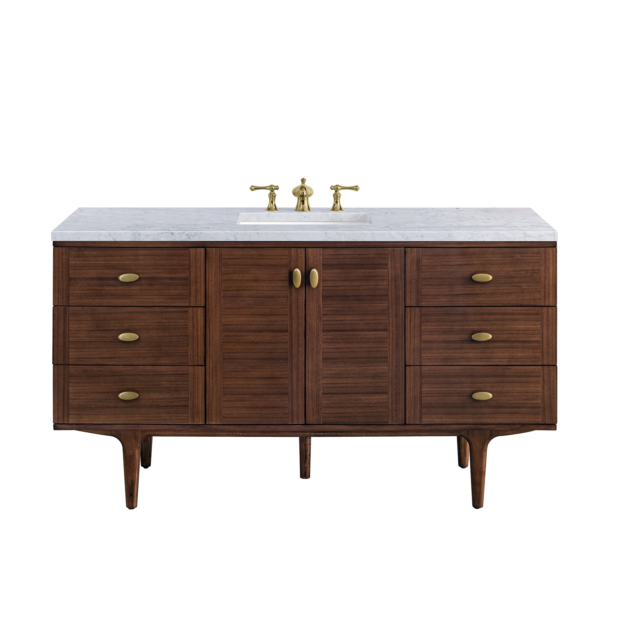 Amberly 60 Inch Single Bathroom Vanity with Carrara Marble Top - Mid Century Modern Walnut Vanity for Small Bathrooms - Perfect for Master Bath, Guest Bath & Powder Room Remodeling