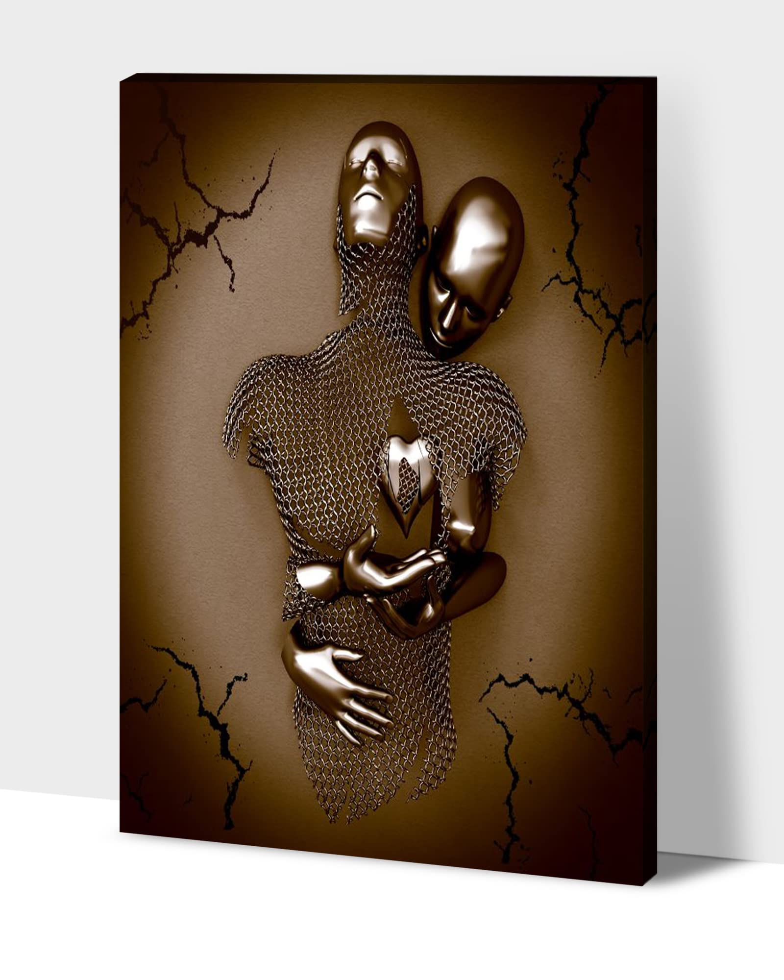 3D Metal Effect Love Heart Gray Brown Canvas Wall Art - 28x40 Inches Modern Couples Bedroom Decor, Valentine's Day Gift & Living Room Wall Pictures | Perfect for Romantic Home Decor & Anniversary Gifts
