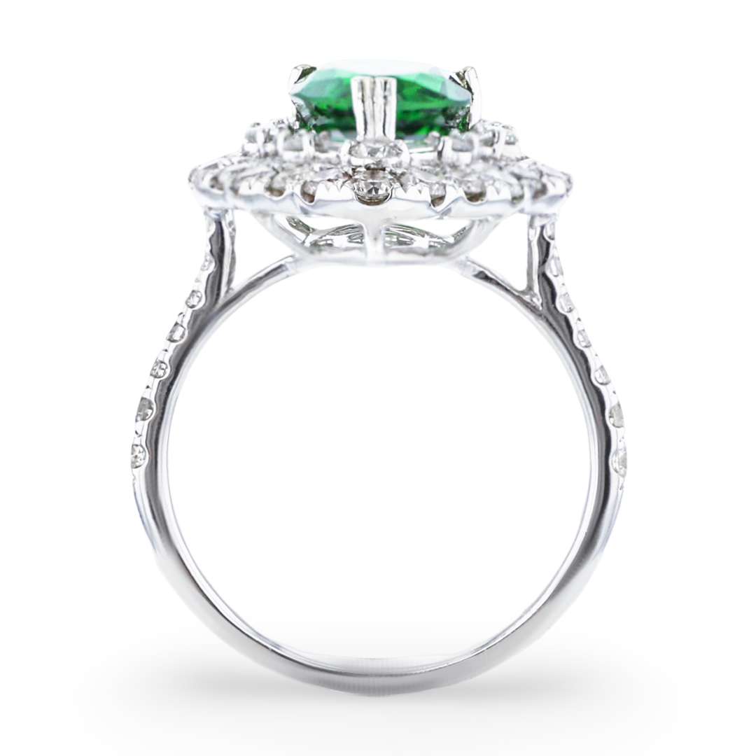 14K White Gold 2.62CT Tsavorite & 1.21CTW Scalloped Diamond Halo Ring for Women - Elegant Engagement, Wedding, Anniversary Jewelry Gift