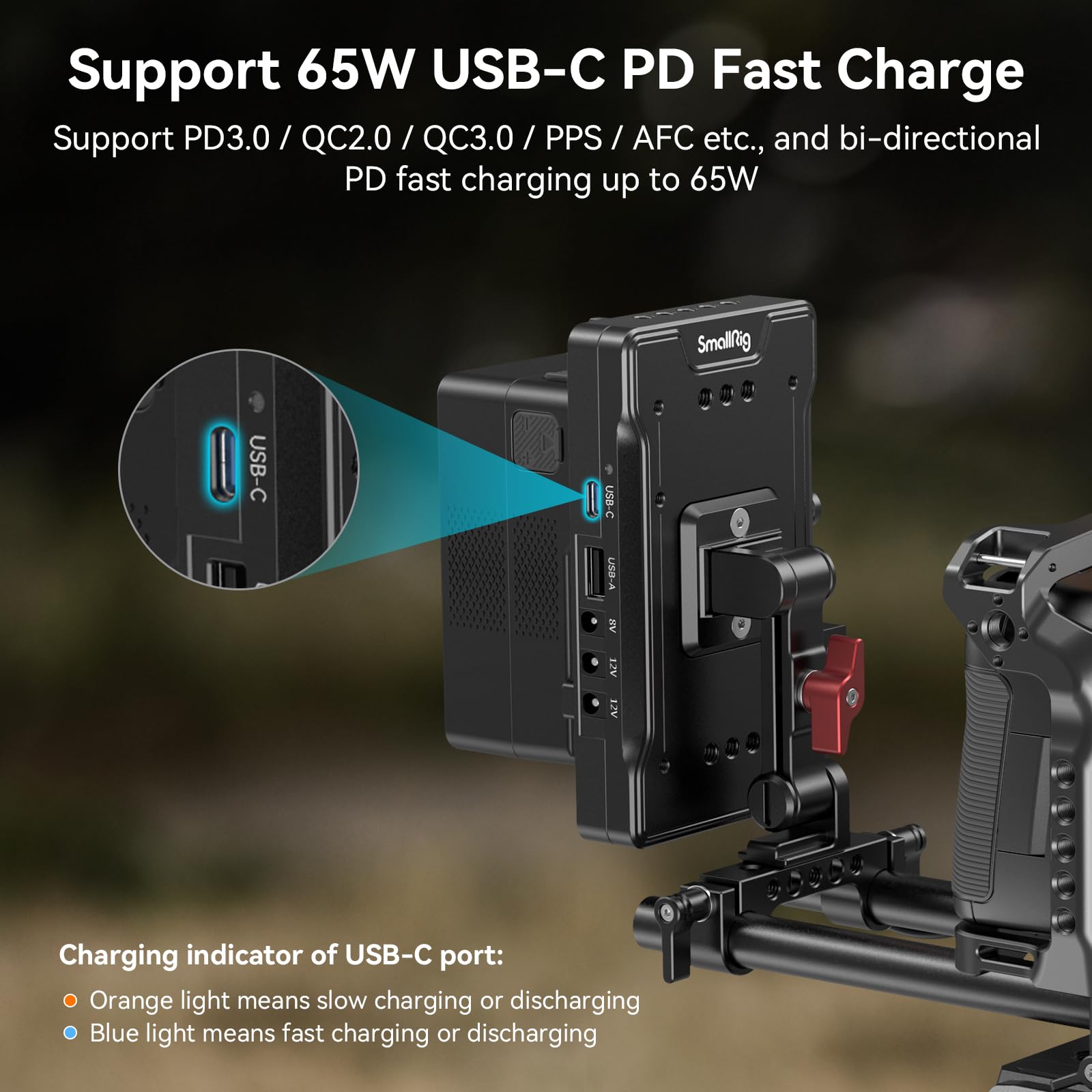 SmallRig V Mount Battery Adapter Plate with PD 65W USB-C Fast Charger, QC Protocol USB-A, D-TAP, 8V & 12V DC Output - Compatible with Sony Canon DSLR Cameras & Camcorders - Perfect for Professional Video Shooting, Live Streaming & On-Location Power Supply