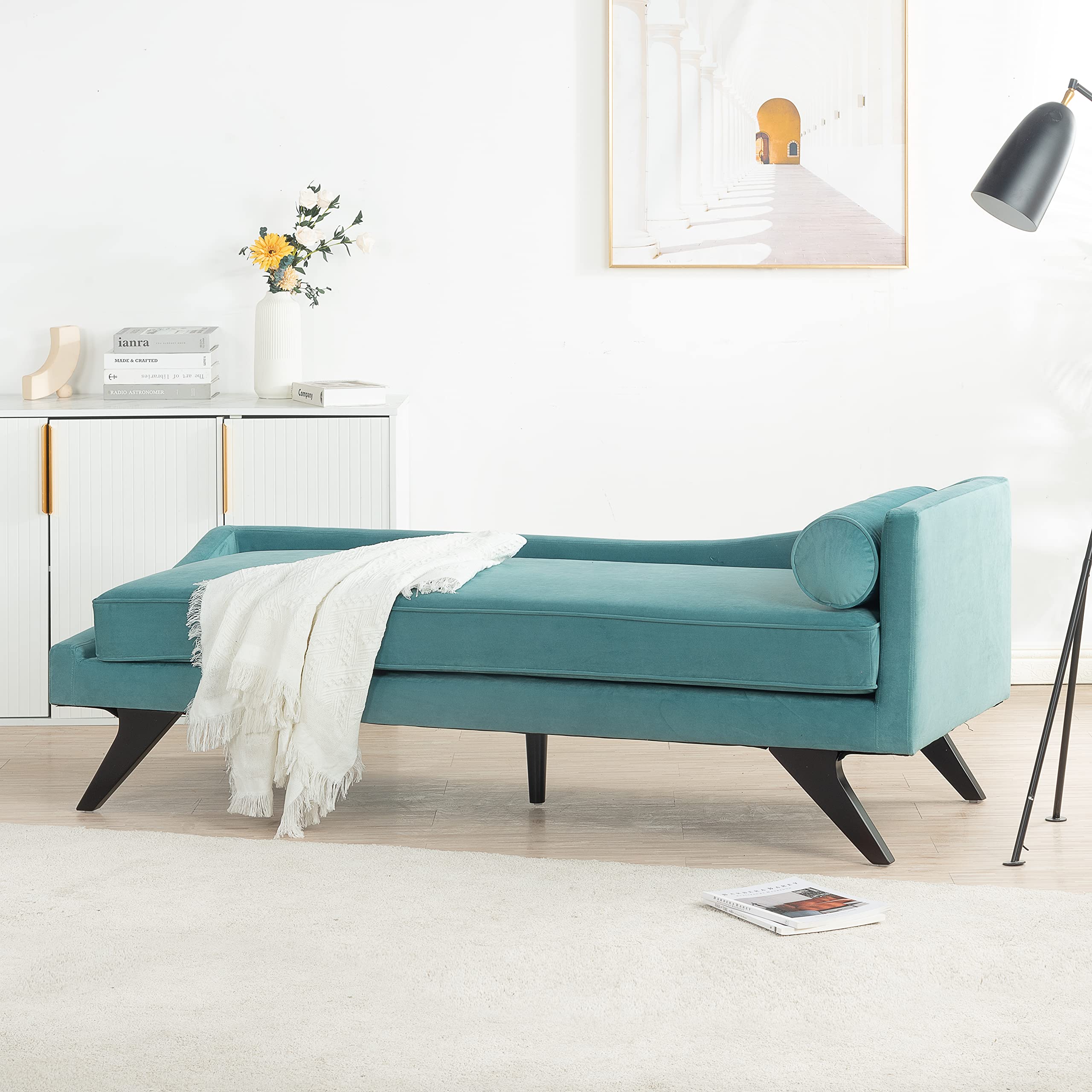 Modern Upholstered Tufted Rolled Arm Chaise Lounge Chair - Comfortable Living Room Chaise with Lumbar Pillow for Bedroom, Office & Home Decor (Green) | Perfect for Relaxing, Reading & Napping