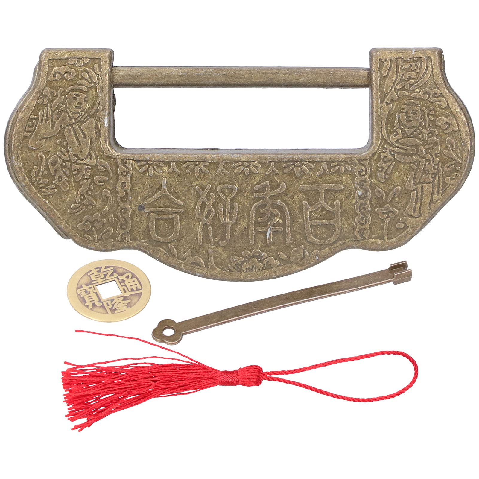 Vintage Chinese Style Carved Brass Jewelry Box Lock with Key - Antique Cabinet & Jewelry Box Security Padlock for Home Decor, Wedding Gifts, and Collectibles