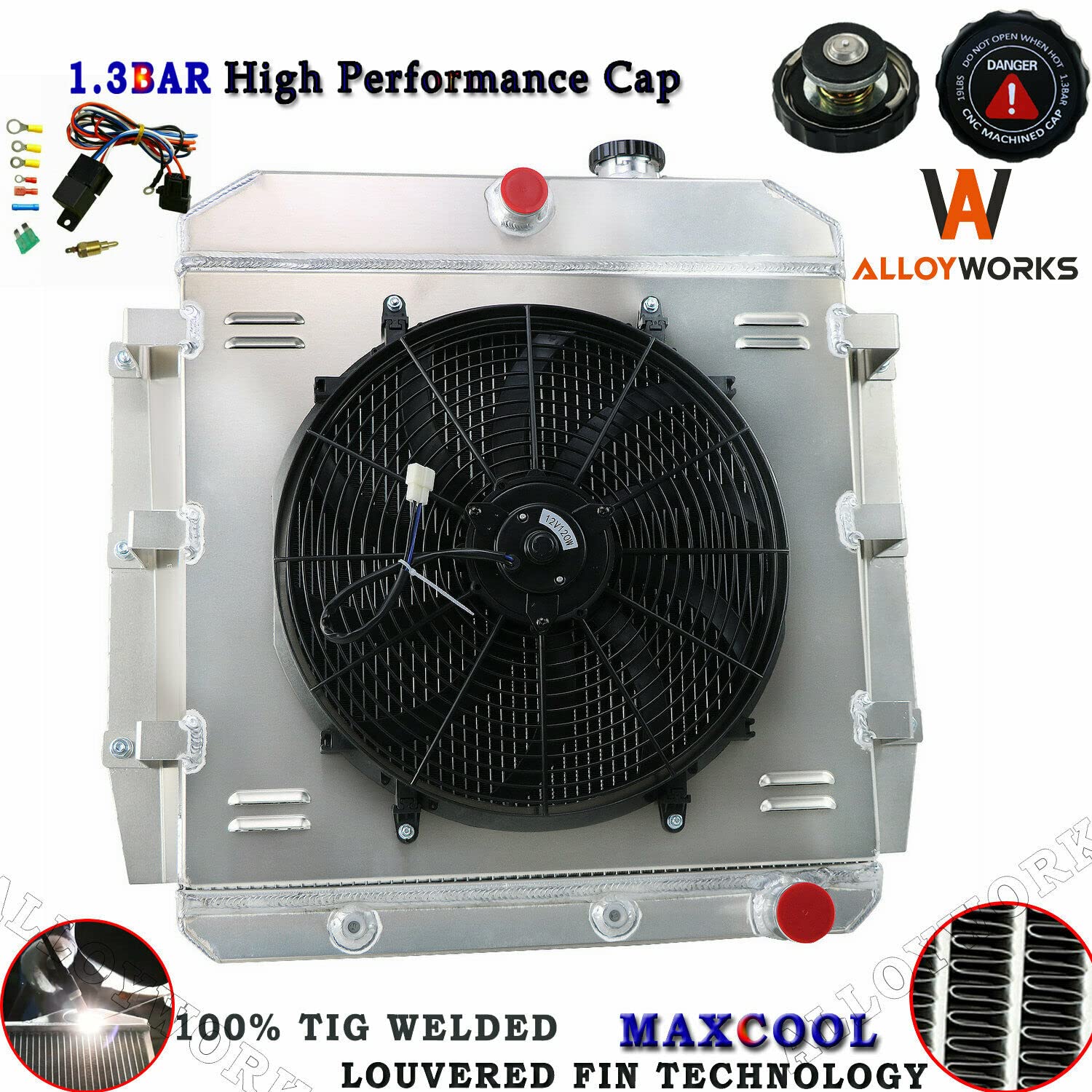 ALLOYWORKS 3-Row Aluminum Radiator with Shroud Fan & Relay Kit - Compatible with 1955-1959 Chevy GMC Truck, Chevrolet Apache (L6/V8 Engines) | Heavy-Duty Cooling for Classic Pickup Restoration & Off-Road Performance