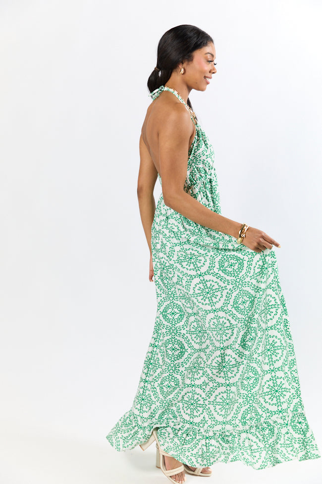 Charleston Charm Green and Ivory Printed Maxi Dress - Flowy Summer Beach Dress for Women, Boho Chic Vacation Outfit, Perfect for Weddings, Parties & Tropical Getaways