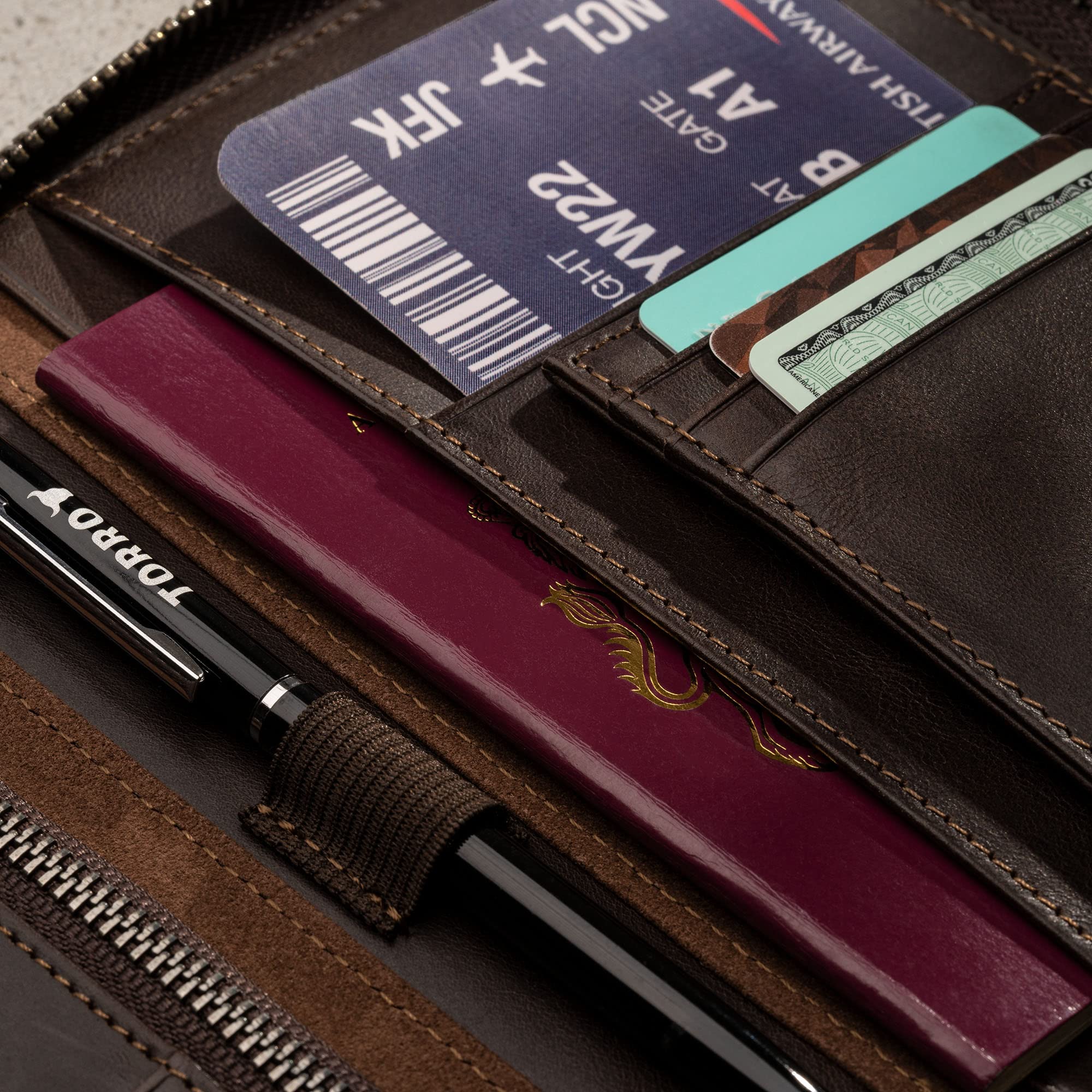 TORRO Genuine Leather Travel Wallet - RFID Blocking Passport Holder & Detachable Card Organizer for Men & Women | Perfect for Airplane Travel, Vacation & Business Trips