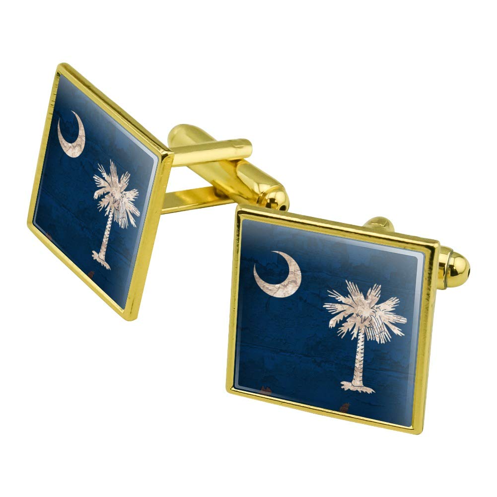 Vintage Rustic South Carolina State Flag Distressed USA Square Cufflinks Set in Gold Color - Perfect for Southern Weddings, Gifts & Patriotic Events