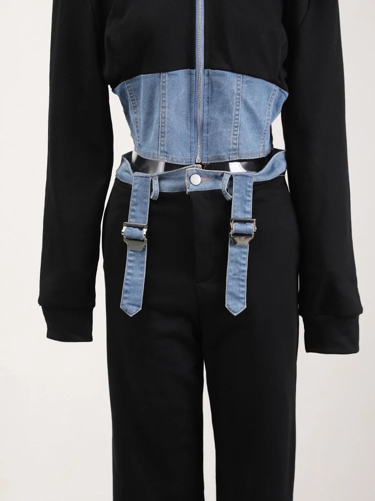 Stylish Black Denim Jacket & Wide Leg Pants Two-Piece Suit Set for Women - Hooded Long Sleeve Fashion Outfit | Perfect for Spring & Fall 2025 | CPDB013 | Office Wear, Casual Outings & Date Nights