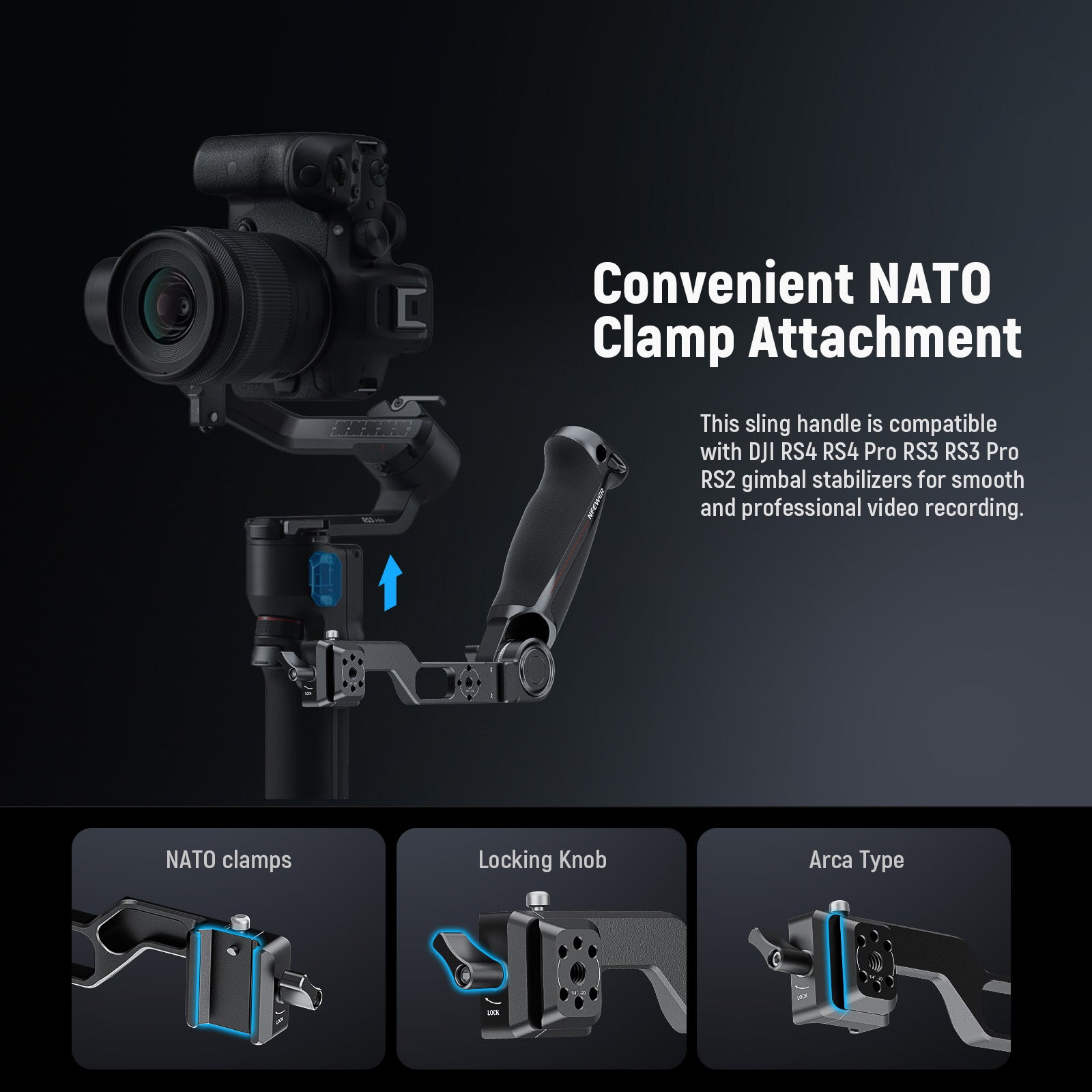 NEEWER GA020 Camera Gimbal Sling Handle with NATO & QD Mount - Compatible with DJI RS4, RS3, RS2, RS4 Pro, RS3 Pro Stabilizers - Perfect for Vlogging, Filmmaking & Travel Photography