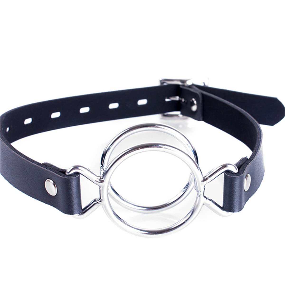Premium Double Metal Ring Gag - Leather Head Harness Restraint for BDSM Play - Adjustable Mouth Gag Sex Toy for Couples (Silver) - Perfect for Roleplay, Bondage & Sensory Exploration