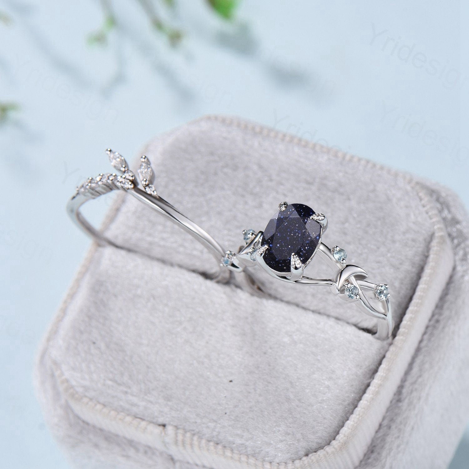 1.5CT Oval Galaxy Blue Sandstone Engagement Ring Set with Twig Swiss Topaz Wedding Band for Women - Unique Branch Bridal Jewelry Set, Personalized Gift for Proposal, Anniversary & Special Occasions