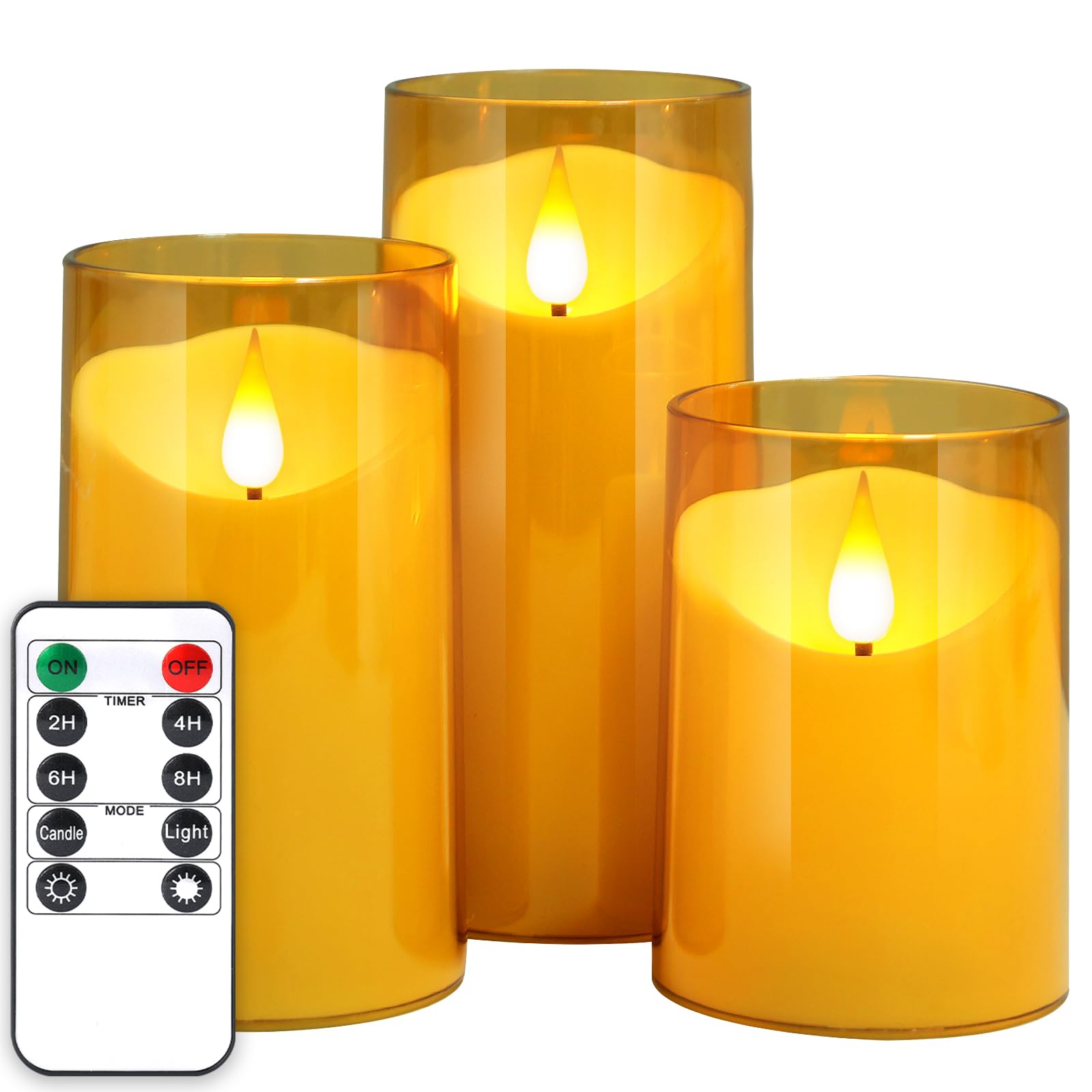 NURADA Flameless LED Candles - 3D Wick Battery Operated Fake Candles Set of 3 Gold Pillar Candles for Home Decor, Wedding, Party & Romantic Ambiance - Safe Acrylic Decorative Candles for Table Centerpiece, Fireplace & Bedroom Lighting