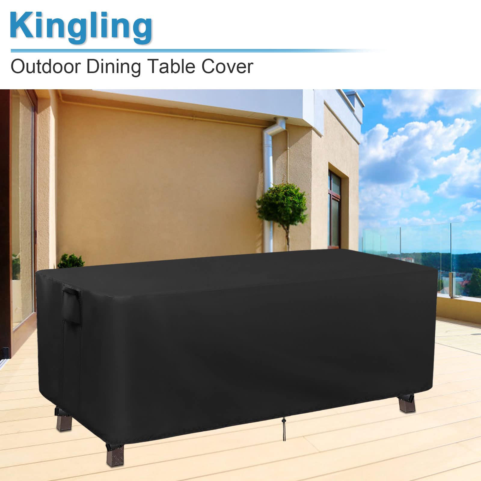 Kingling Waterproof Heavy Duty Rectangular Patio Table Cover 60 x 35 x 28 Inches - Outdoor Dining Table Protector, All-Weather Furniture Cover for Coffee Tables, Decks & Backyards (Black)