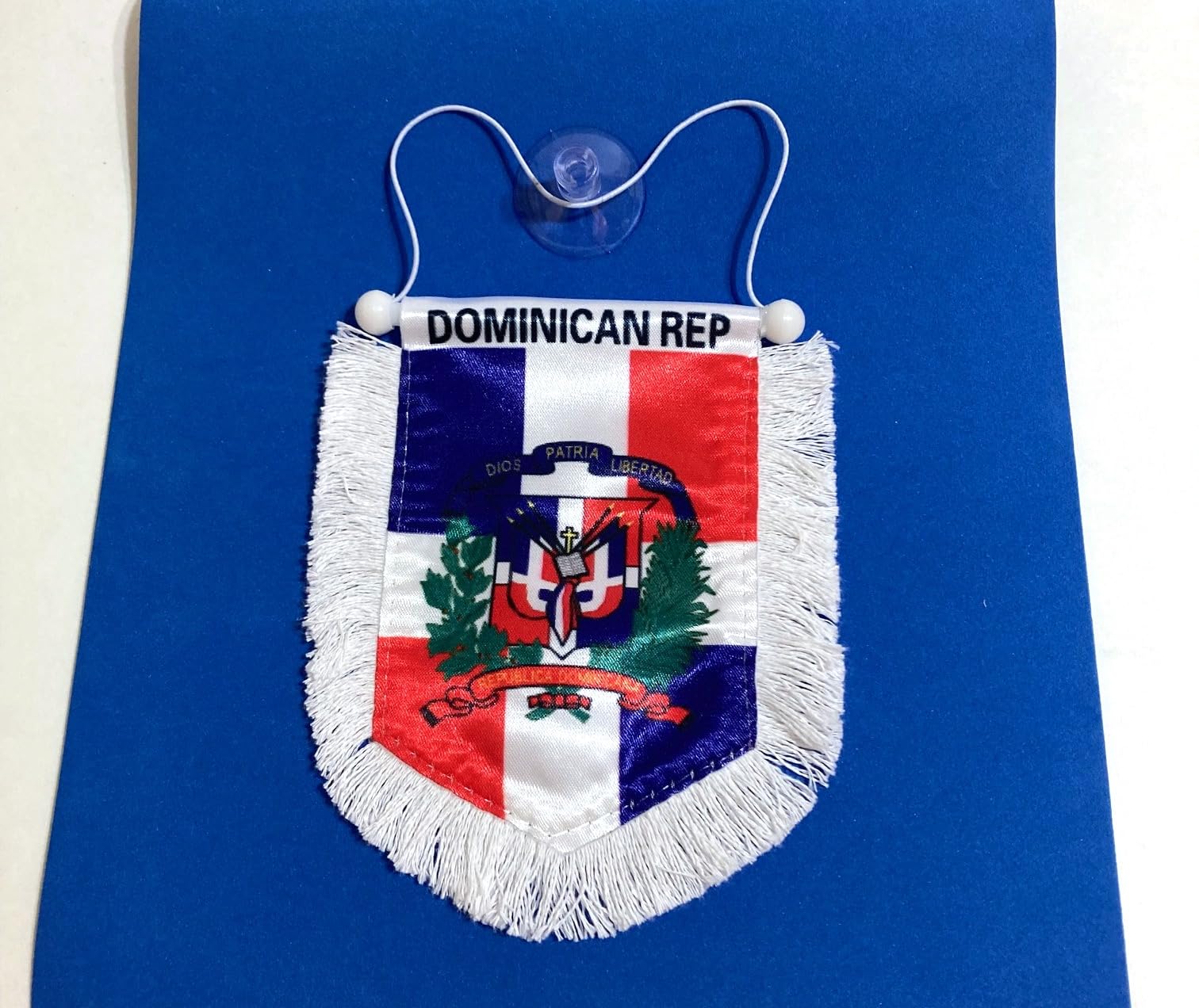 Dominican Republic Car Flag - Rearview Mirror Hanging Accessory with White Trim | Patriotic DR Flag Decor for Vehicles | Perfect for Travel, Sports Events & National Pride Displays