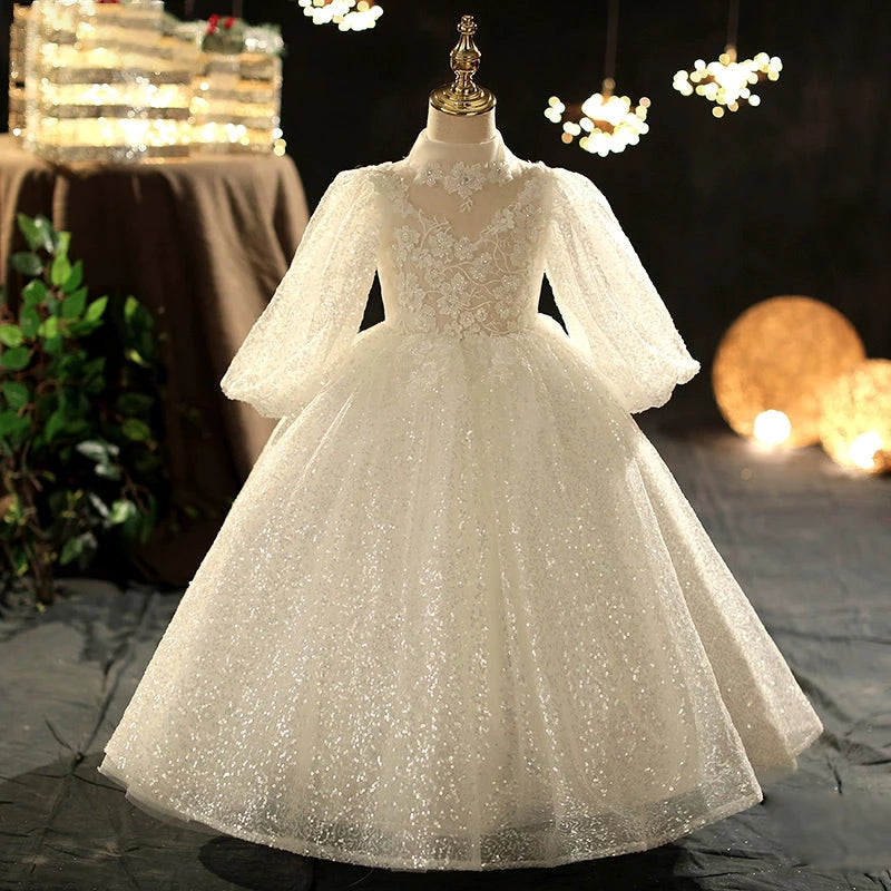 Elegant White Princess Mock Neck Floor-Length Organza Flower Girl Dress for Weddings & Special Occasions