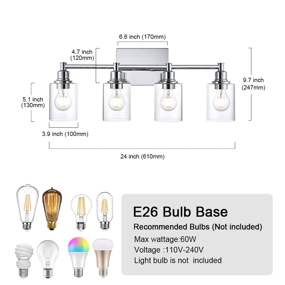 Modern Chrome Bathroom Vanity Lights - 4-Light Sconces with Clear Glass for Kitchen & Bathroom