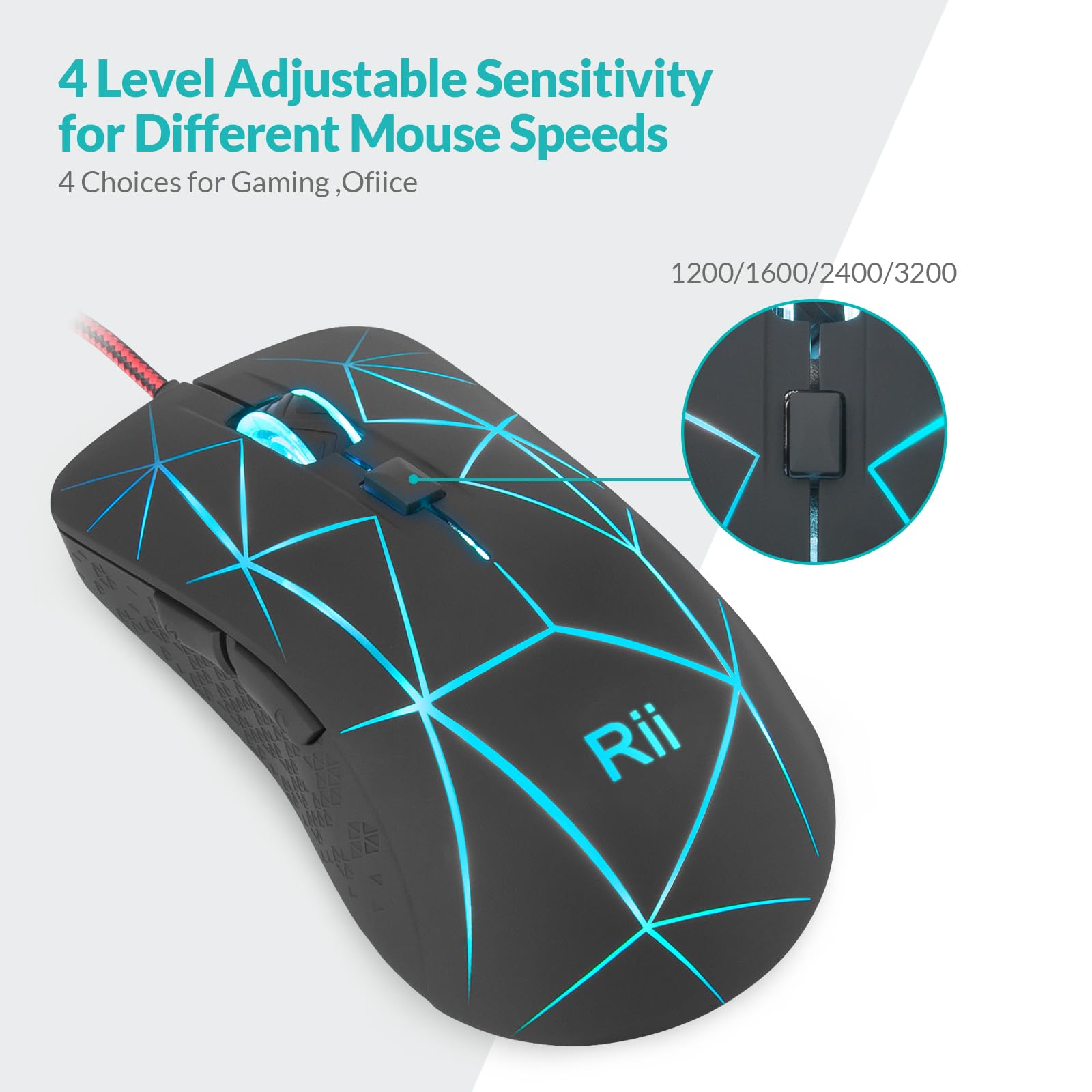 Rii Gaming Mouse with 6 Buttons, 1200-3200 DPI Adjustable Optical Gaming Mouse, RGB Burst Pattern, Wired USB Mouse for PC, Windows, Mac, Linux - 150cm Cable - Black - Perfect for FPS, MOBA & MMO Gaming