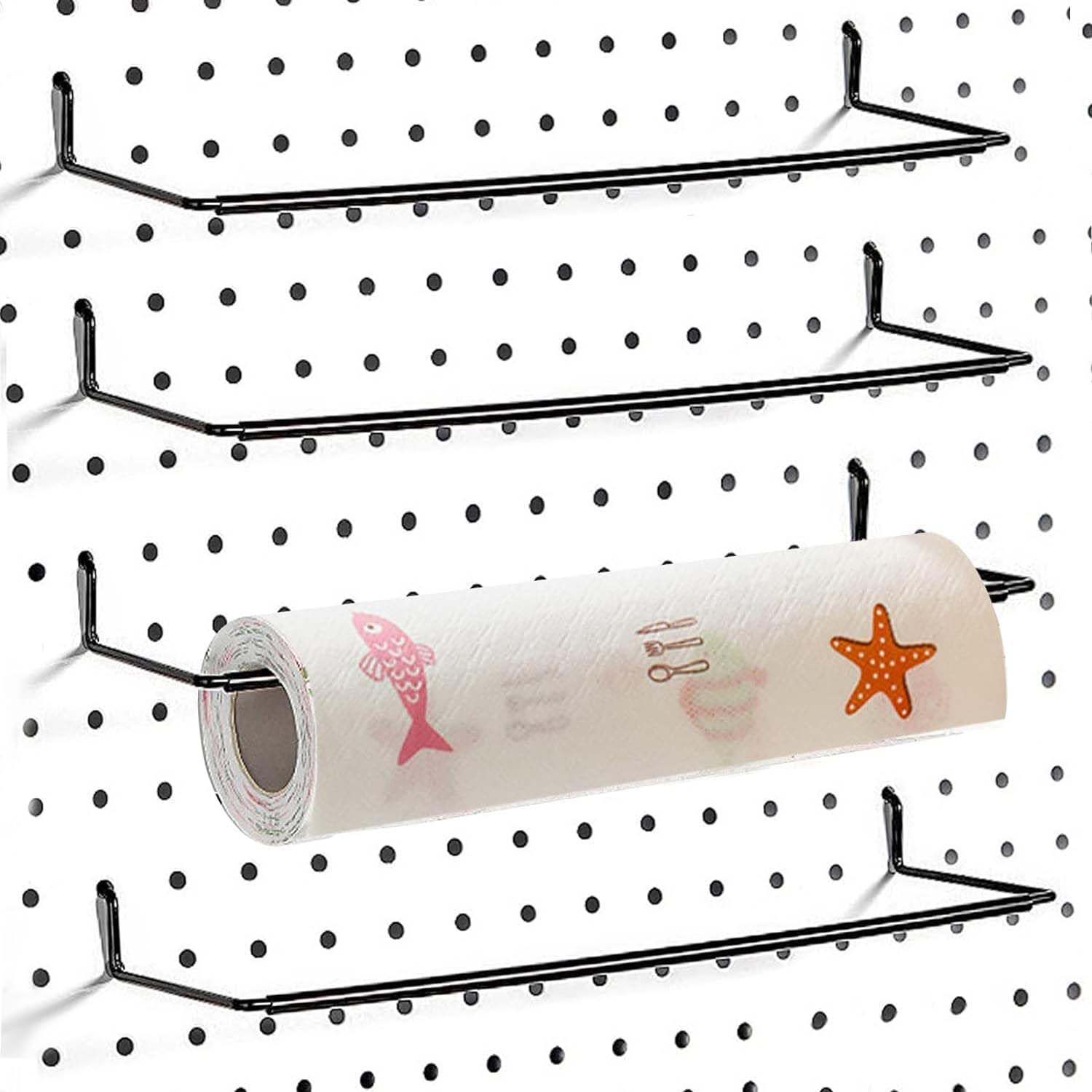 4 Pack Pegboard Towel Holder & Hooks - Heavy Duty Organizer for Paper Towels, Kitchen Towels, Stickers & Tapes - Perfect for Workshop, Garage & Kitchen Organization (Wall Mount Storage Solution)