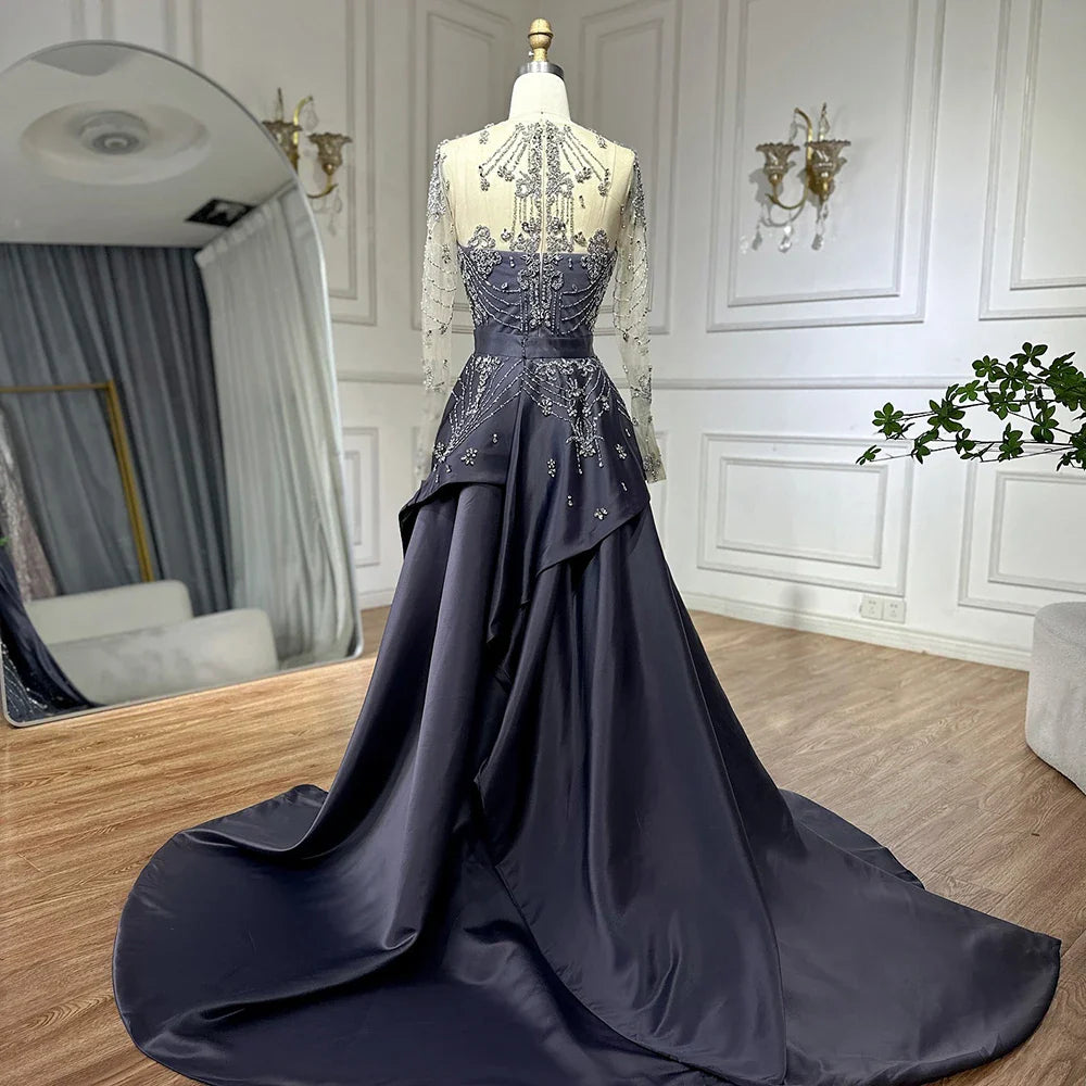 Luxury Dubai Elegant Blue Saudi Arabic Evening Gown with Overskirt - Crystal Beaded Formal Dress for Women - Perfect for Weddings, Galas & Special Occasions LA72757