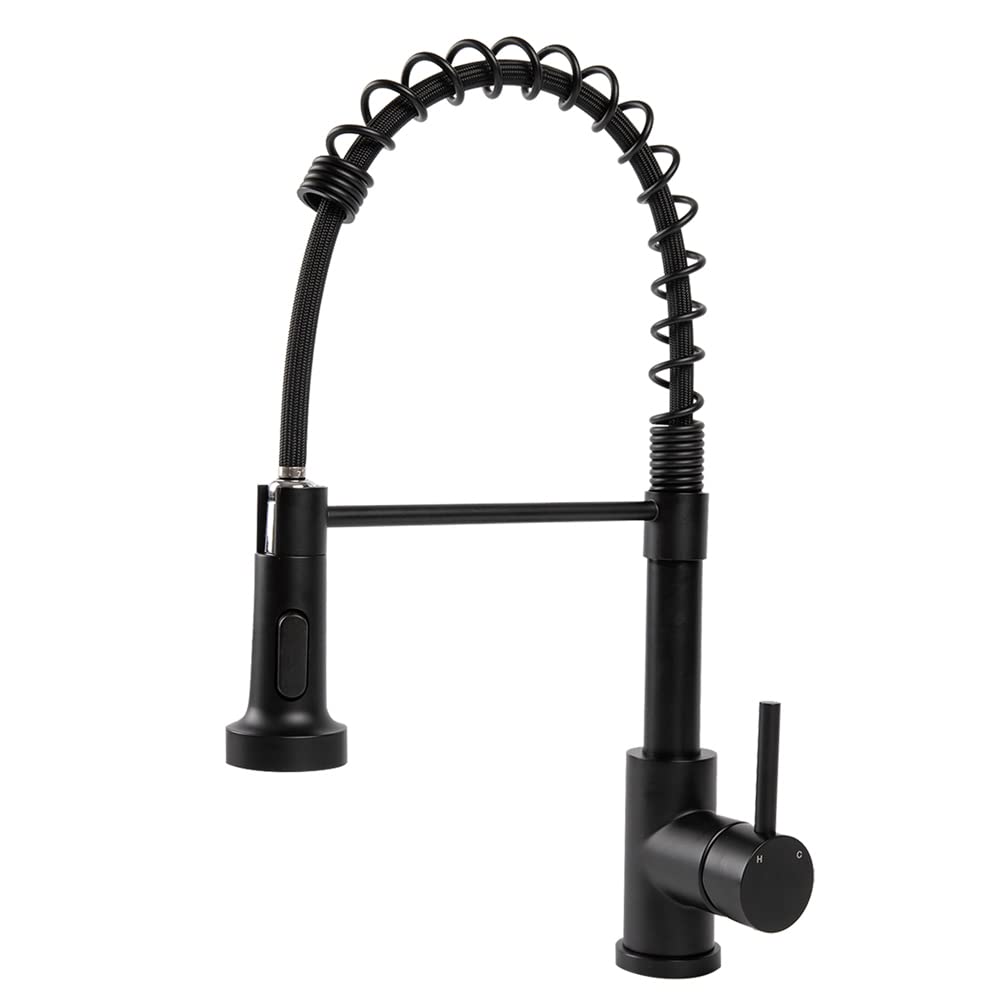 Allkorma Commercial Spring Kitchen Faucet with Pull Down Sprayer - Matte Black SUS 304 Stainless Steel Single Handle Sink Faucet (17.6